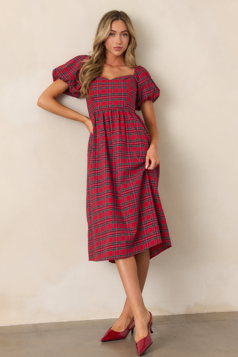 100% Cotton Red Plaid Puff Sleeve Midi Dress