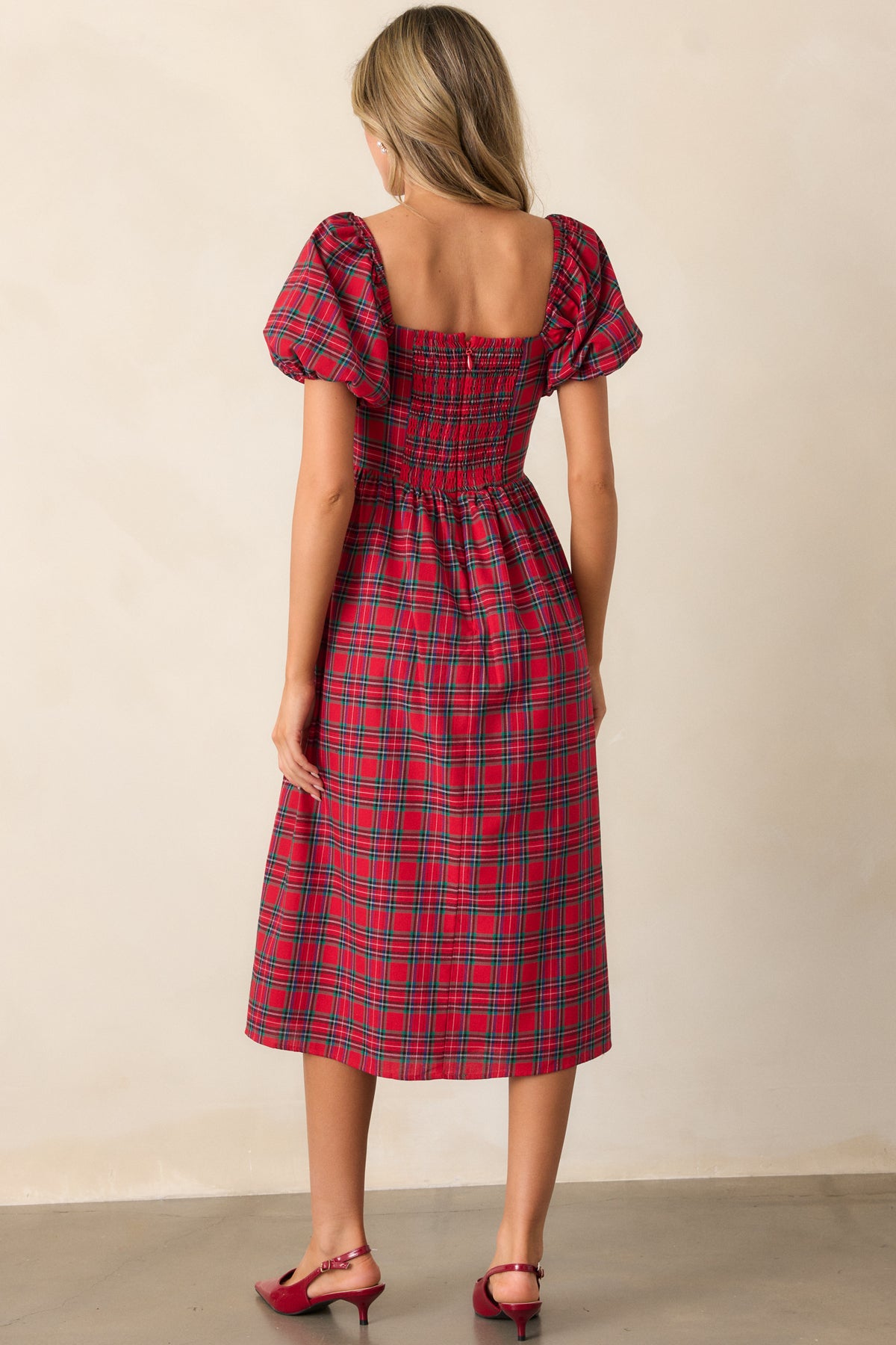 Navy and Red Plaid Puff Sleeve Dress