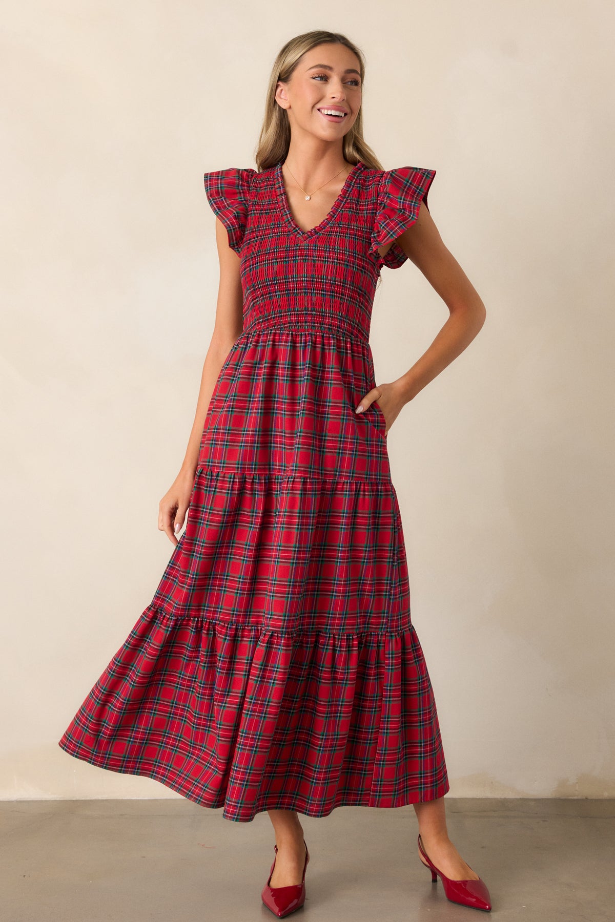 Red Plaid Midi Dress