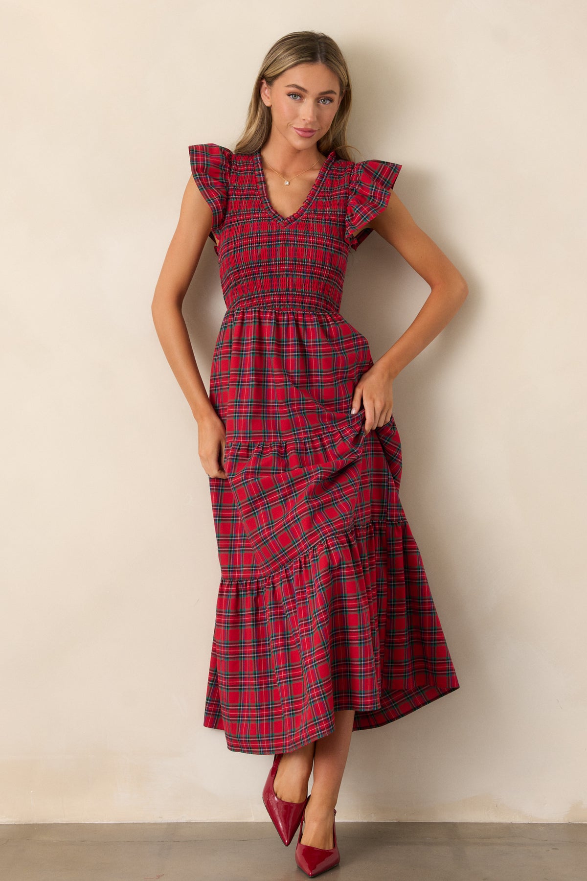Red Plaid Midi Dress