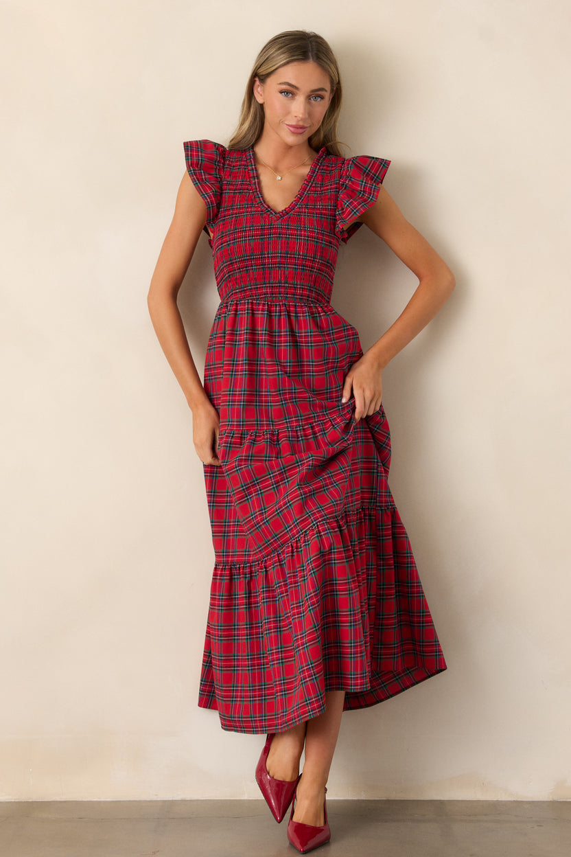 Red Plaid Midi Dress