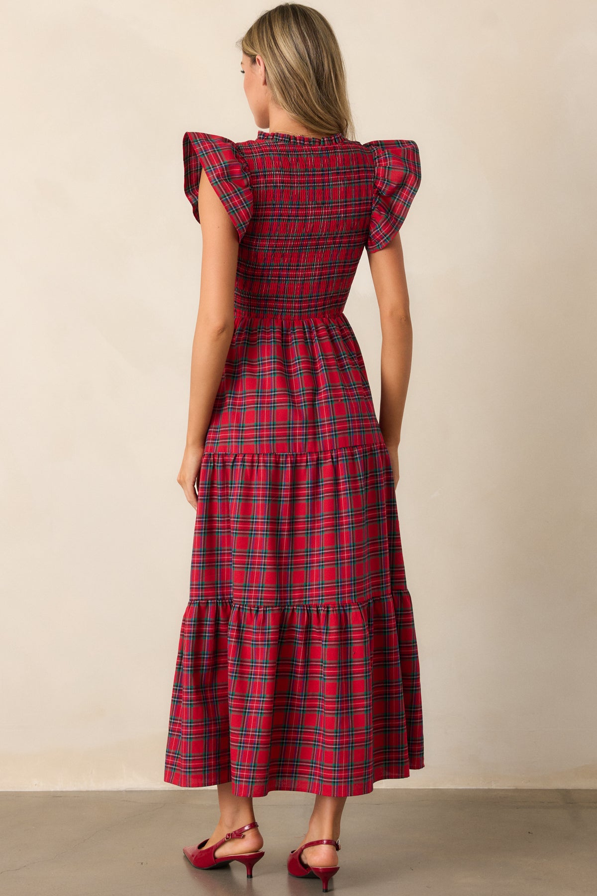Red Plaid Midi Dress