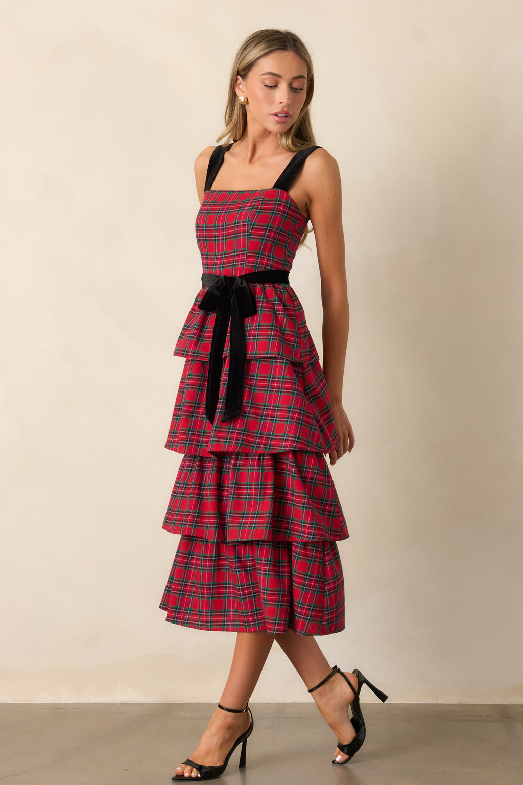 red plaid midi dress Red Plaid Tiered Midi Dress - All Dresses