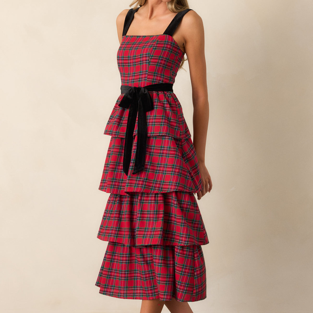 Red Plaid Tiered Midi Dress - All Dresses