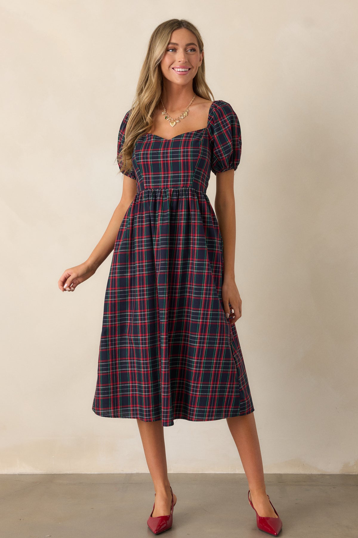 Plaid V-Neck Puff Sleeve Dress
