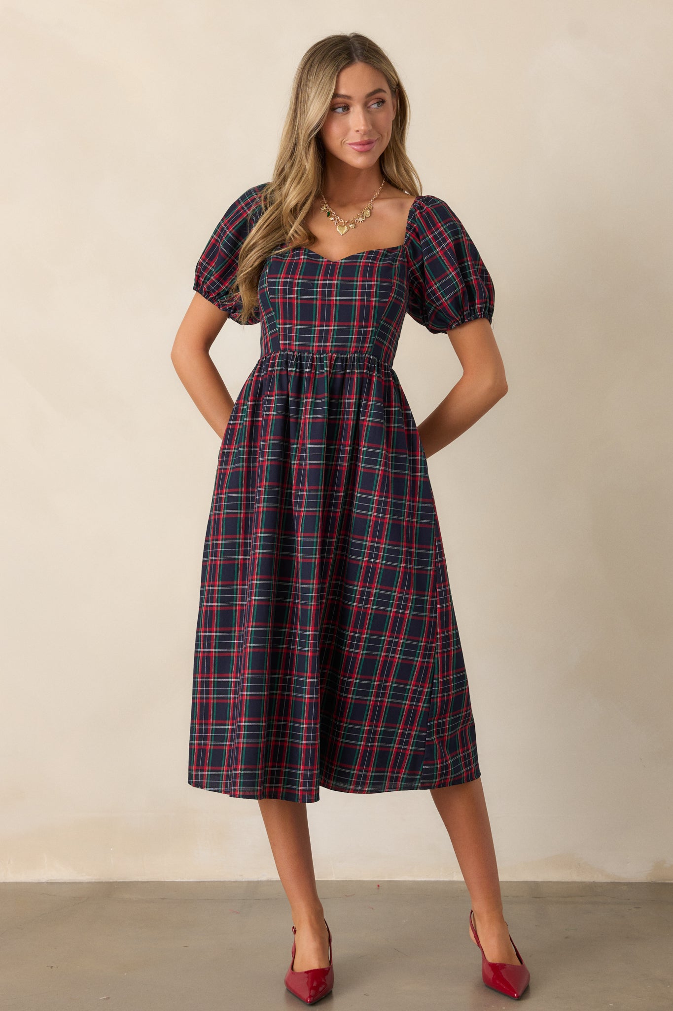 100% Cotton Navy Plaid Puff Sleeve Midi Dress - All Dresses | Red Dress