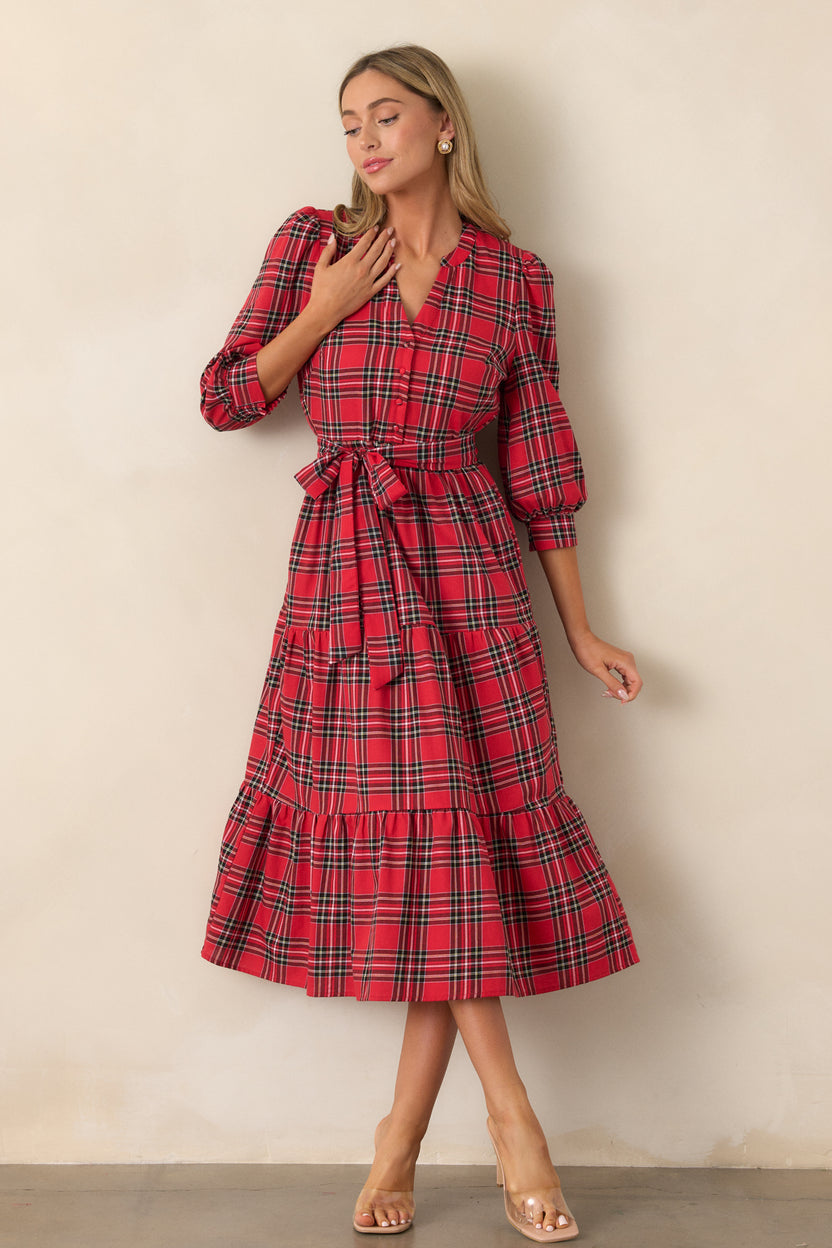 Plaid Dress Women Casual Red Plaid Long Sleeve Waisted Party Dress main image 0
