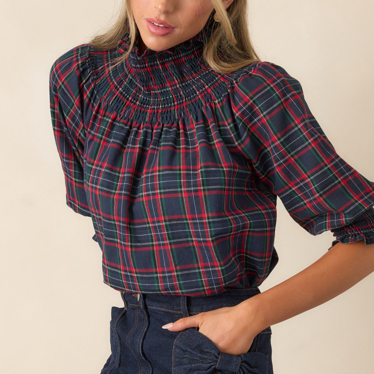 Navy Plaid Smock Neck Blouse - All Tops | Red Dress