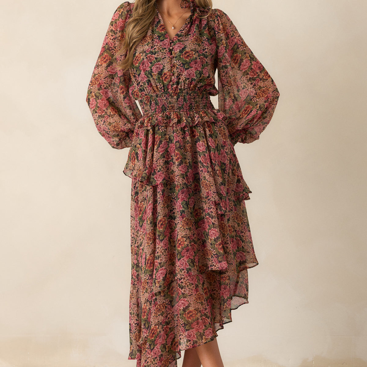 Black Multi Floral Long Sleeve Ruffle Midi Dress - All Dresses Black Multi Floral Long Sleeve Ruffle Midi Dress - All Dresses