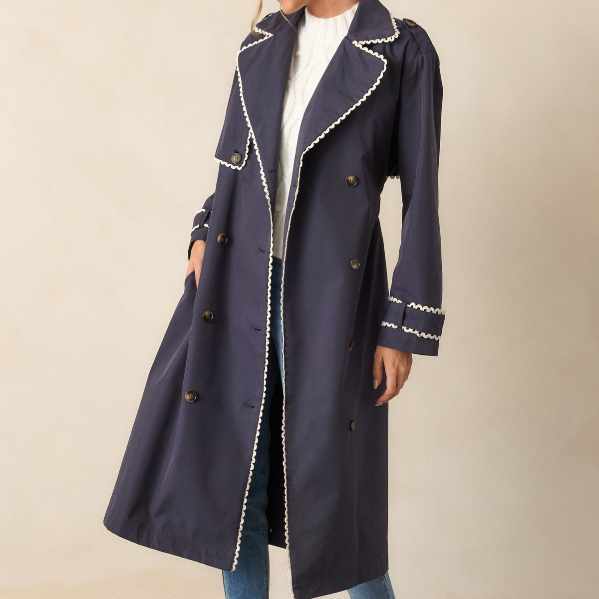 Navy RicRac Trench Coat - All Outerwear | Red Dress