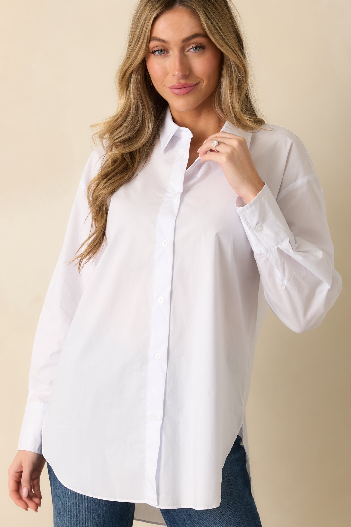 Came Prepared Cotton White Long Sleeve Button Front Top