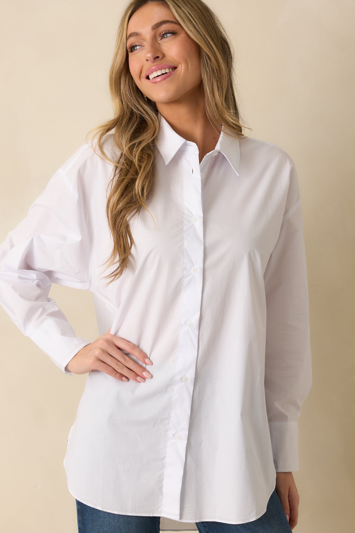 Came Prepared Cotton White Long Sleeve Button Front Top
