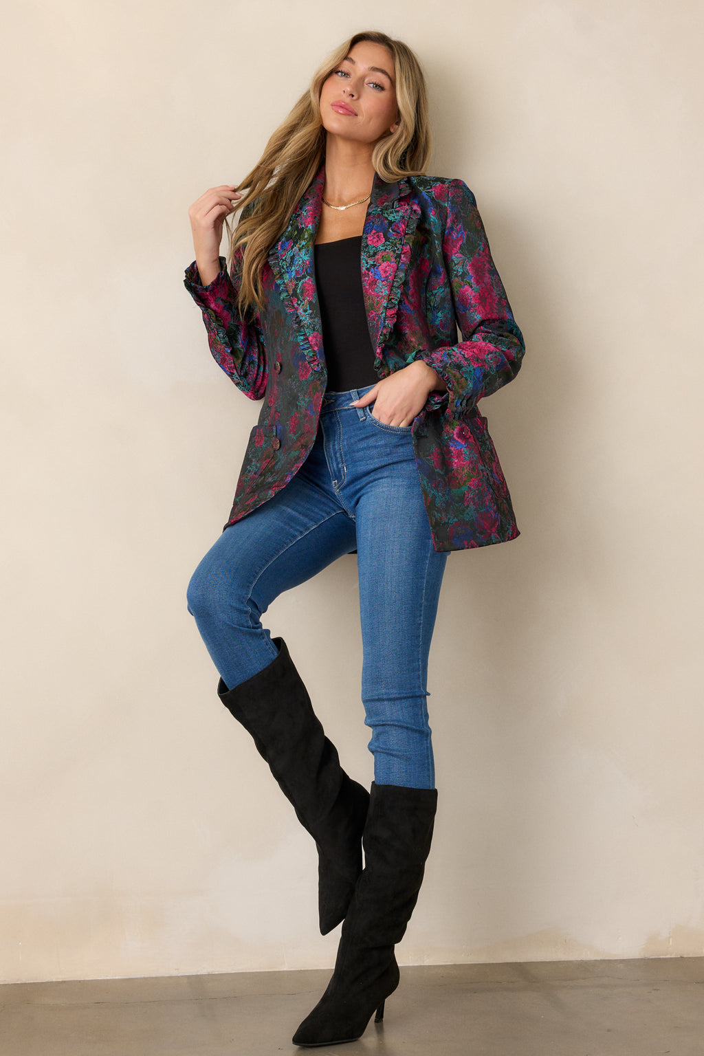 Navy Floral Jacquard Blazer - All Outerwear