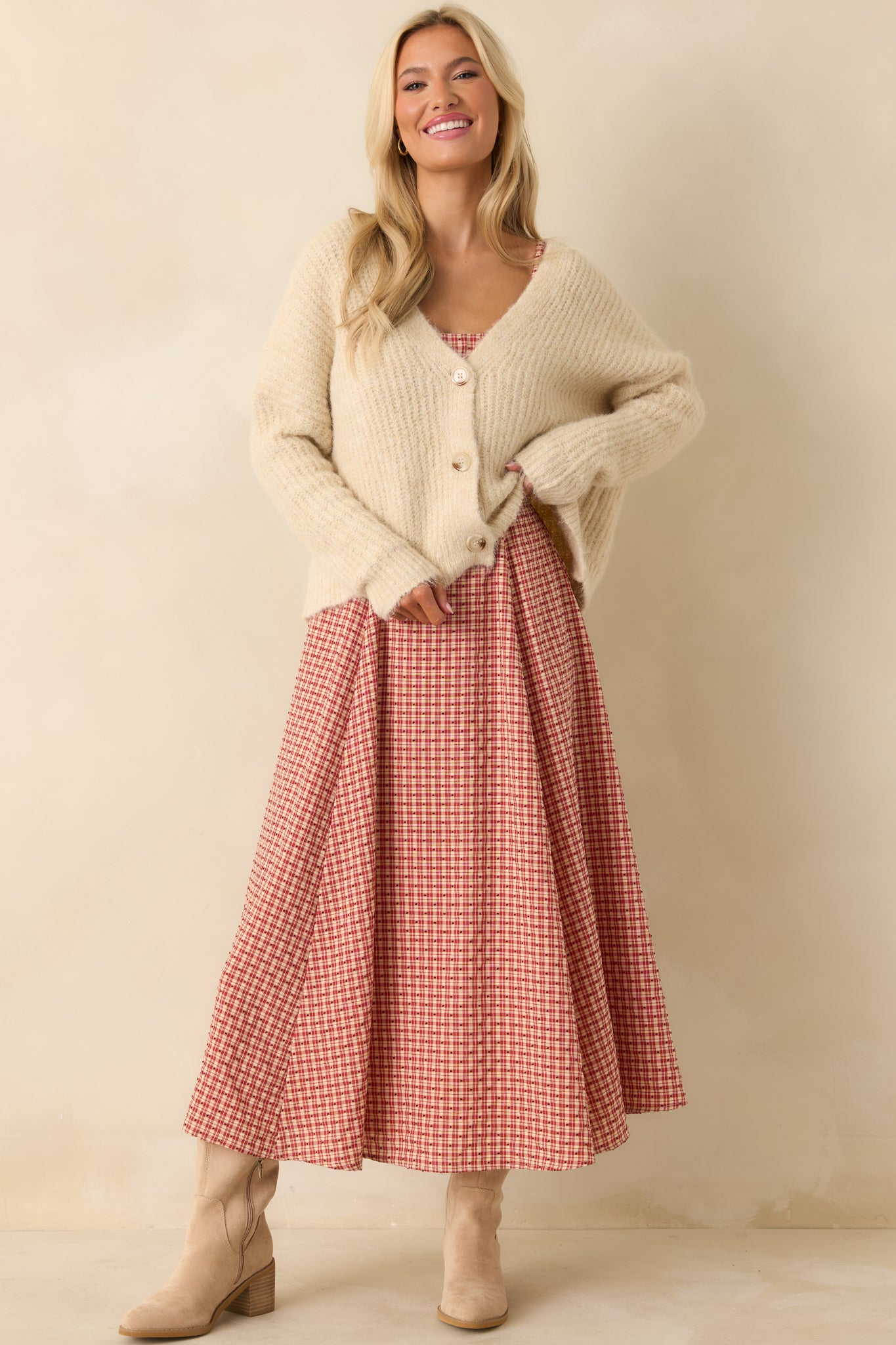 Front view focusing on the tiered skirt and subtle texture from the embroidered polka dot pattern.
