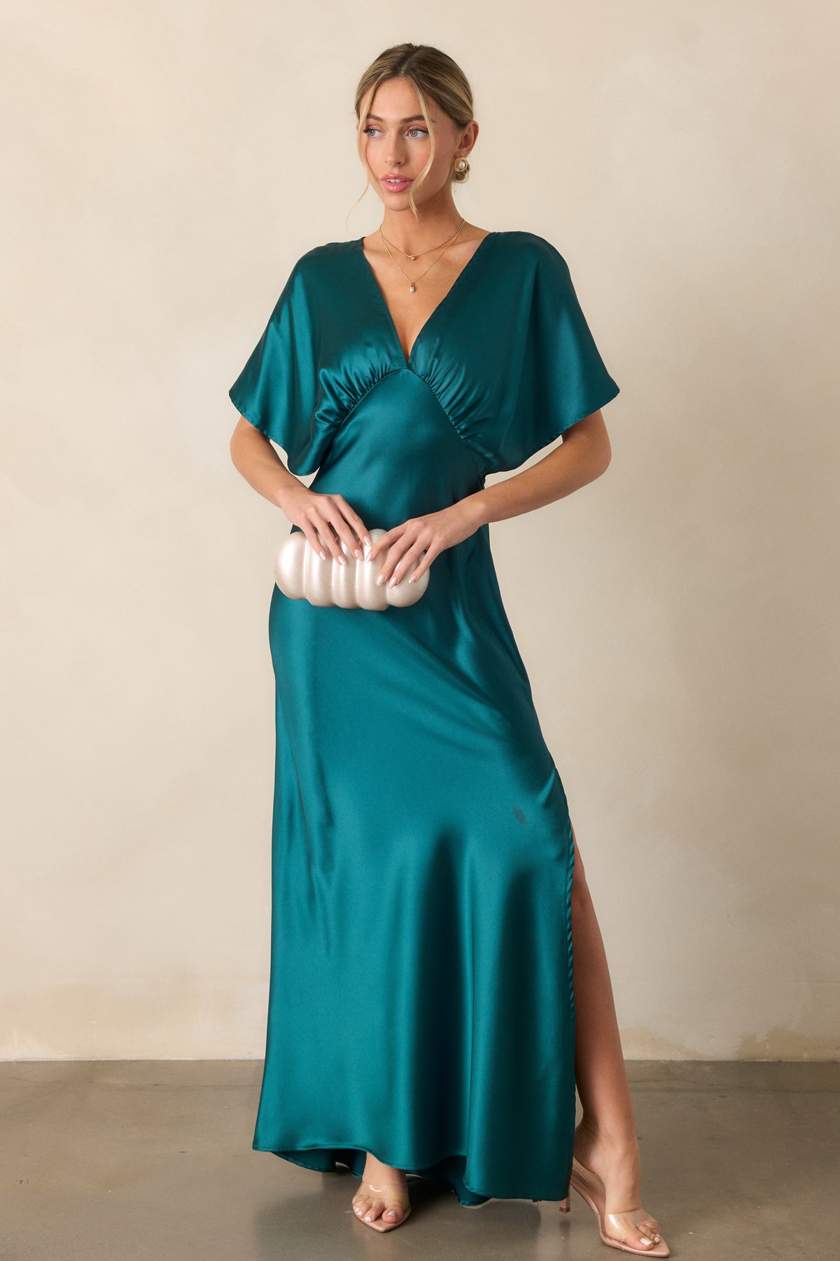 Teal Velvety Satin Maxi Shirt Dress