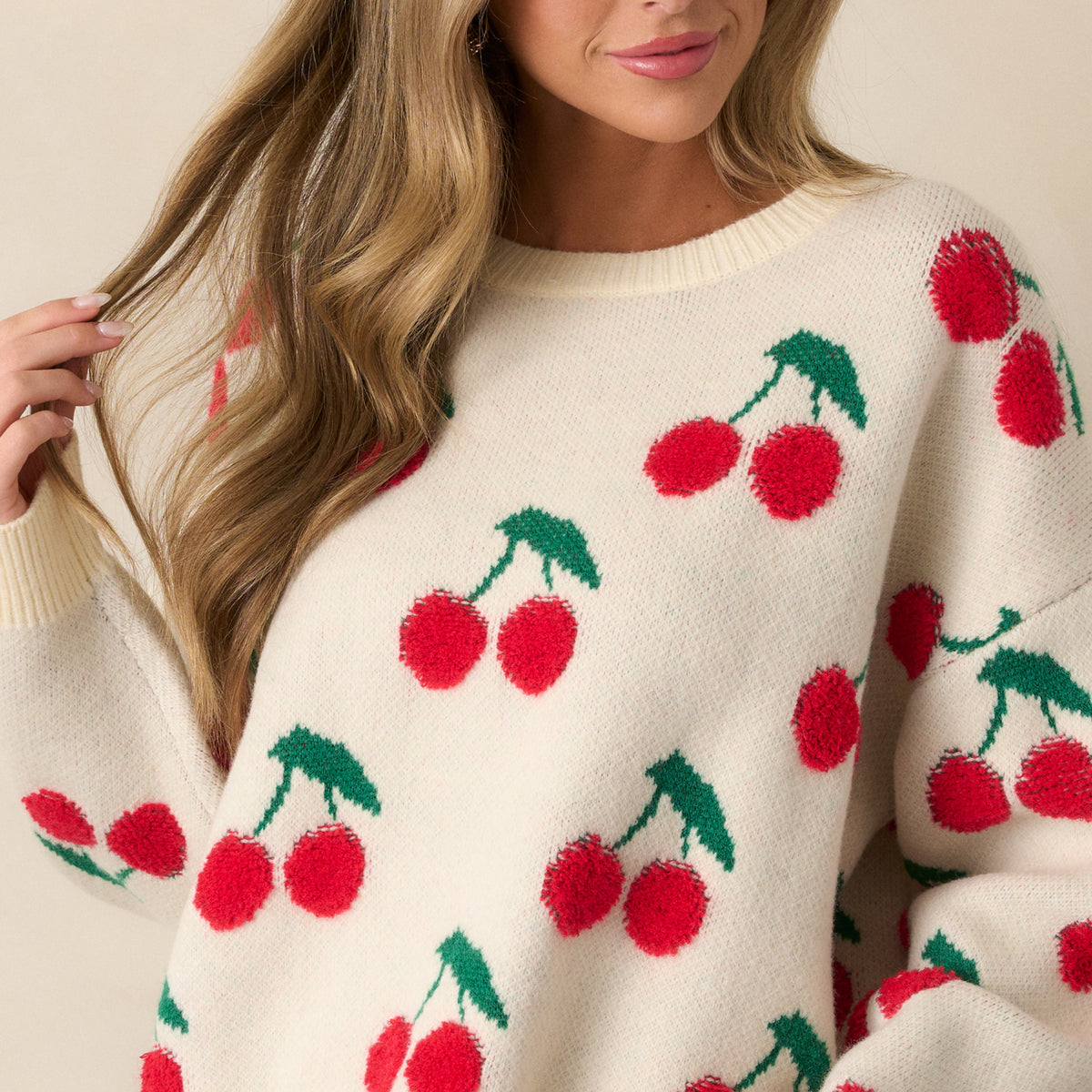 Ivory Cherry Print Sweater - Casual Tops | Red Dress