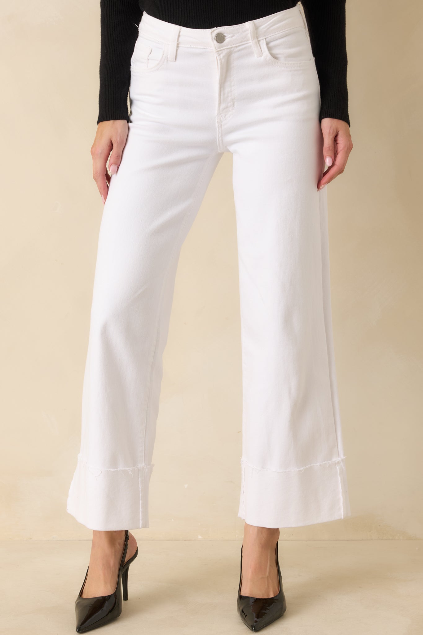 Best I've Seen White Stretch Wide Leg Cuffed Jeans