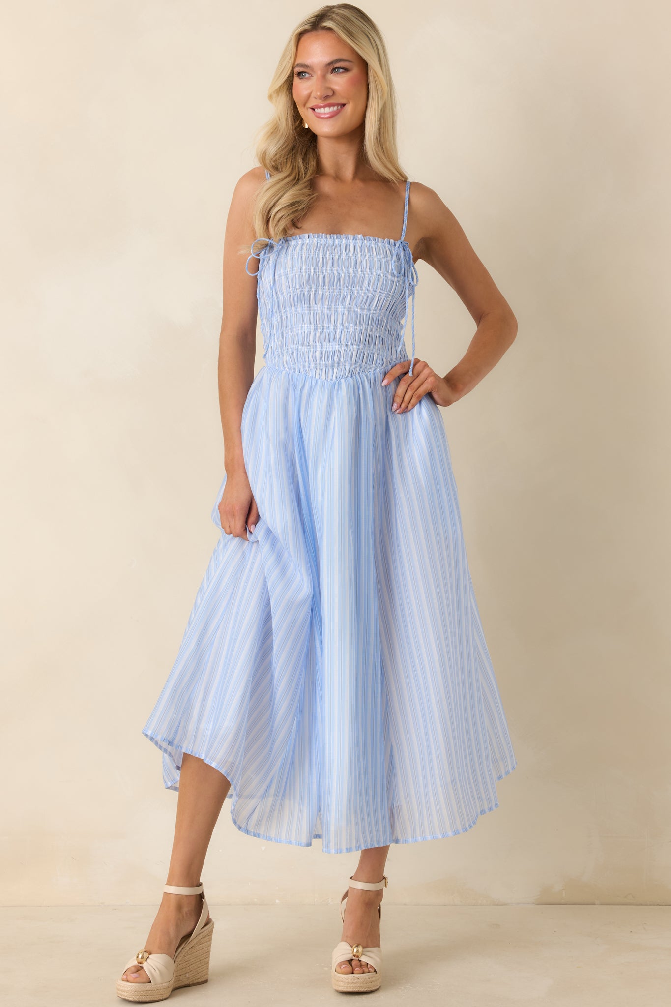 ASTR The Label Lahela Light Blue Stripe Smocked Midi Dress ASTR The Label Lahela Light Blue Stripe Smocked Midi Dress