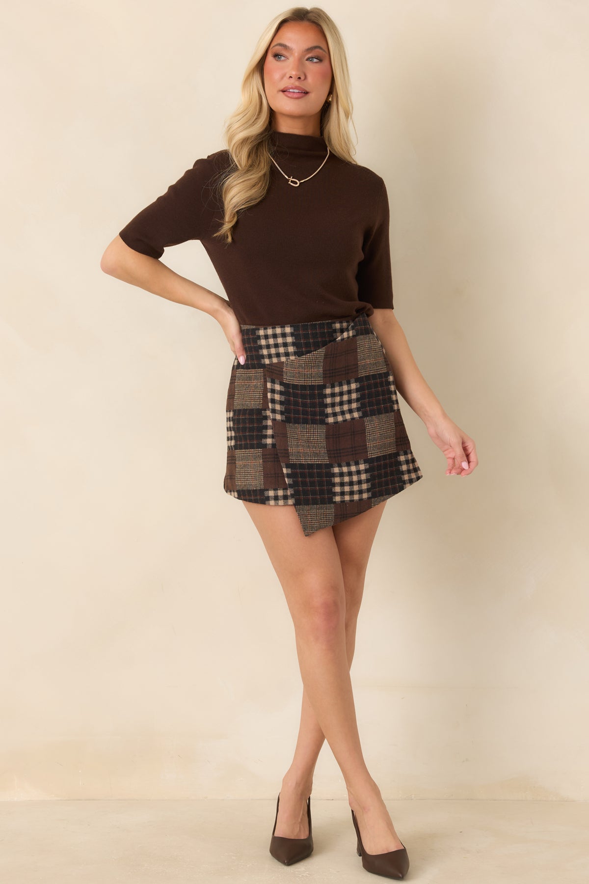 Putting It Together Brown Multi Patchwork Plaid Mini Skirt