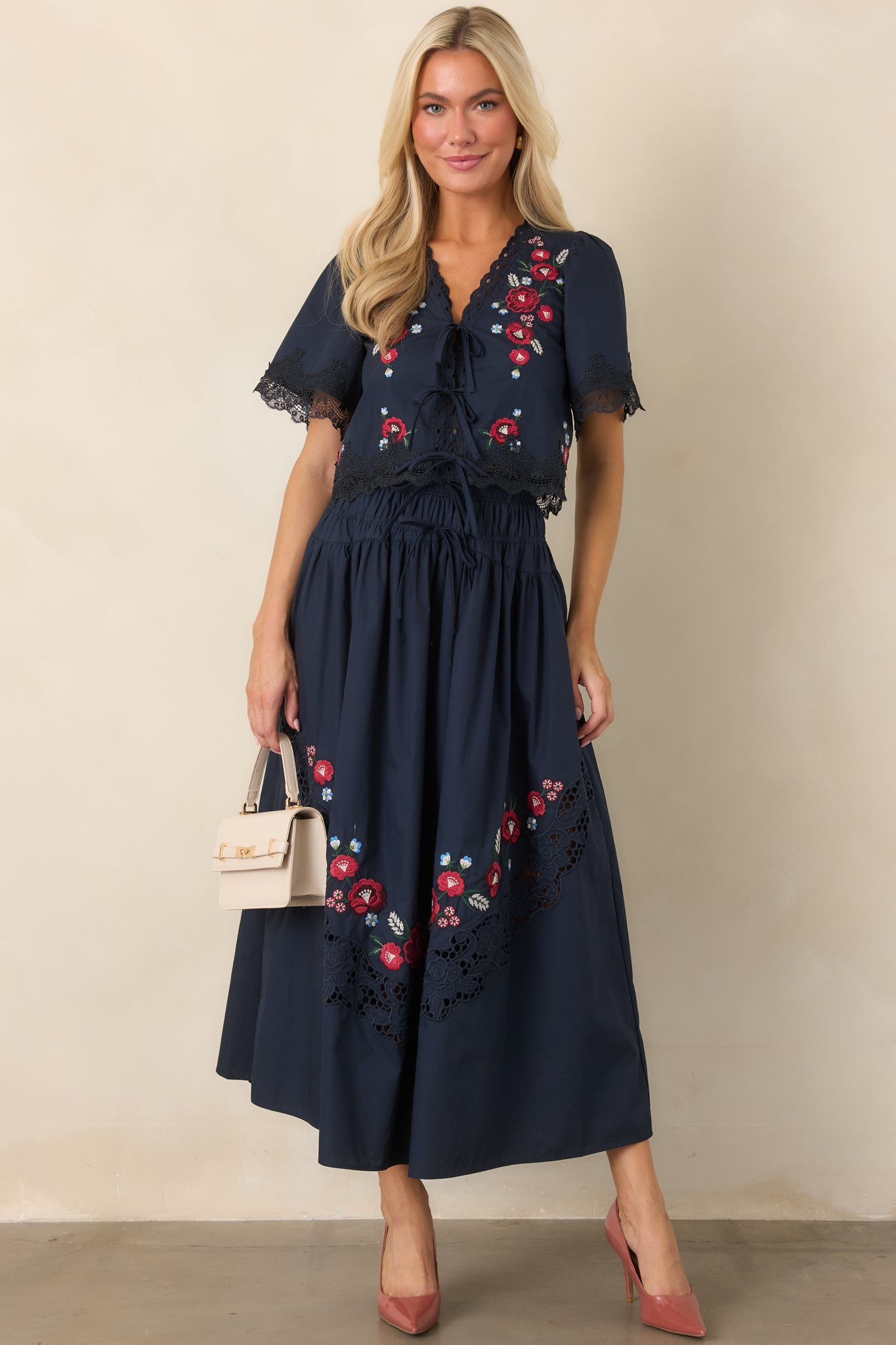 So Much to Love Navy Floral Embroidered Cotton Midi Skirt