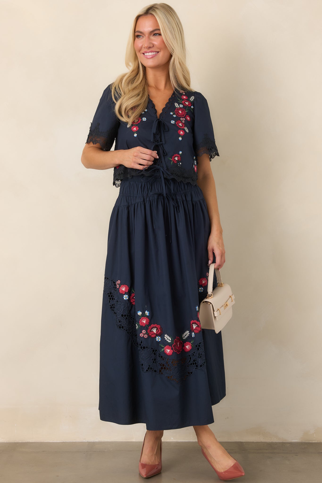 So Much to Love Navy Floral Embroidered Cotton Tie Front Top