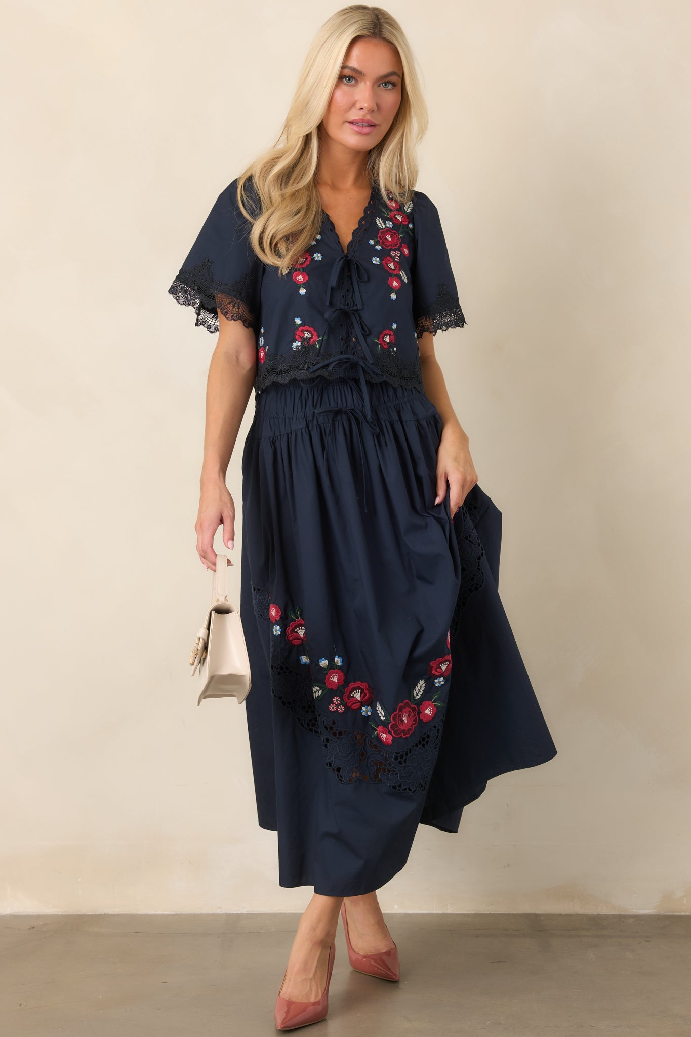 So Much to Love Navy Floral Embroidered Cotton Tie Front Top