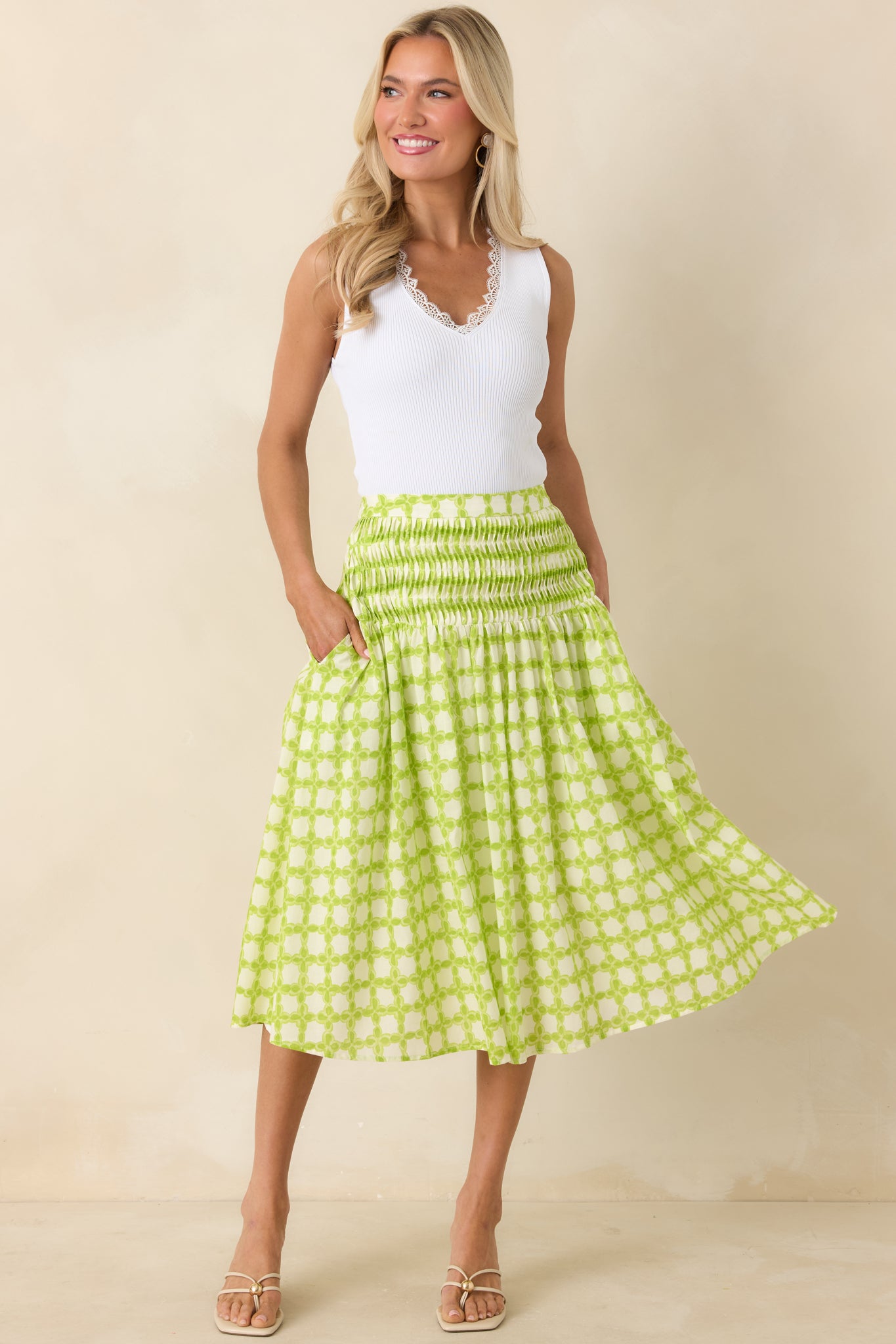 Red Dress | Chartreuse Printed Cotton Midi Skirt - All Bottoms