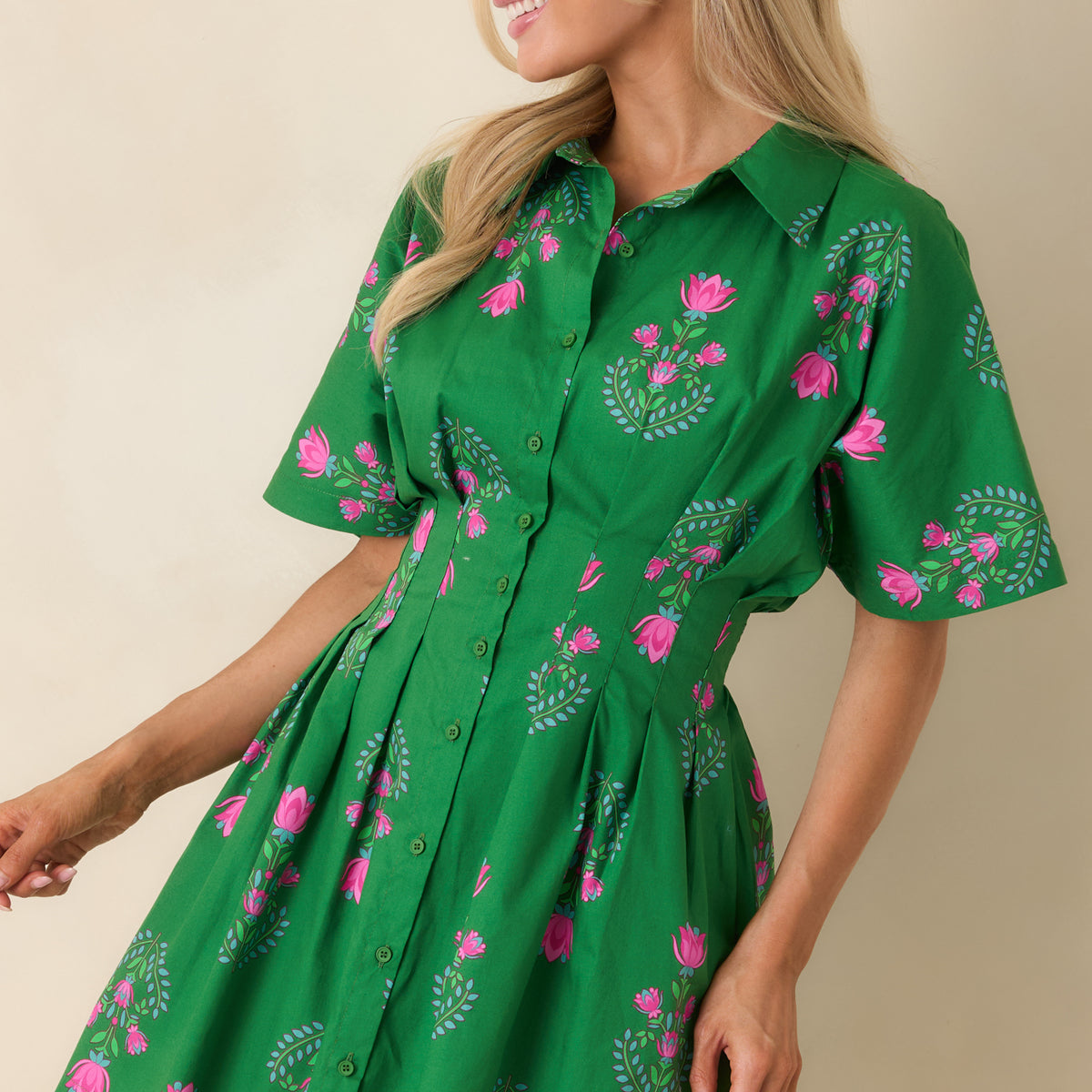Red Dress | Green & Pink Floral Pleated Mini Dress - All Dresses