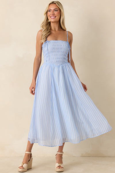 ASTR The Label Lahela Light Blue Stripe Smocked Midi Dress | Red Dress