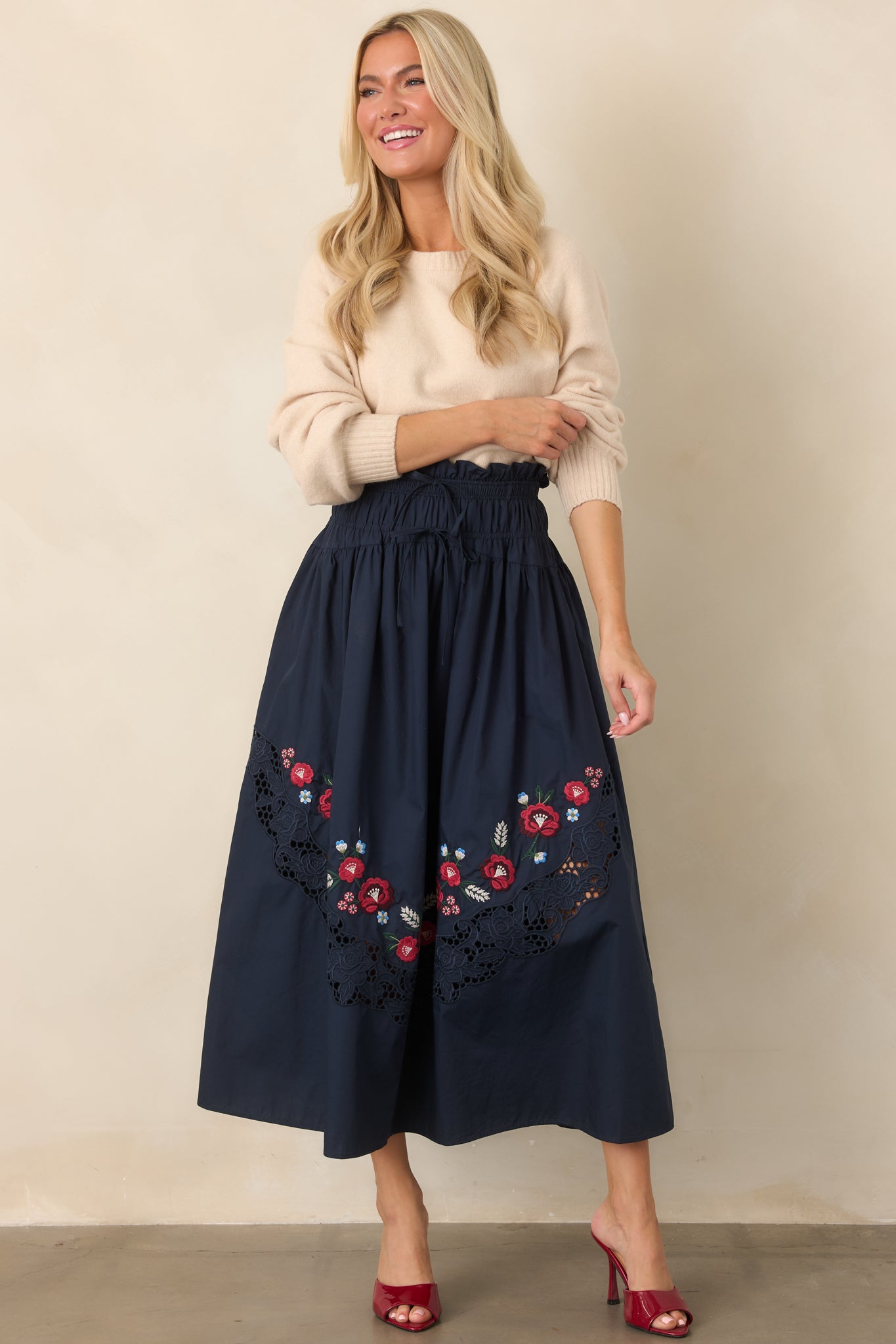 So Much to Love Navy Floral Embroidered Cotton Midi Skirt