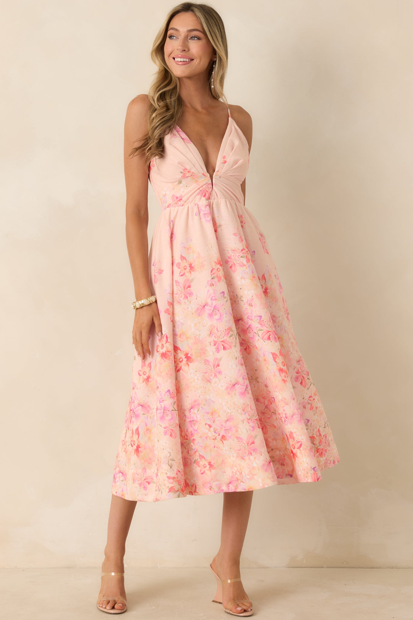 Women's Janna Pink Floral Midi Dress | Size: S | Red Dress