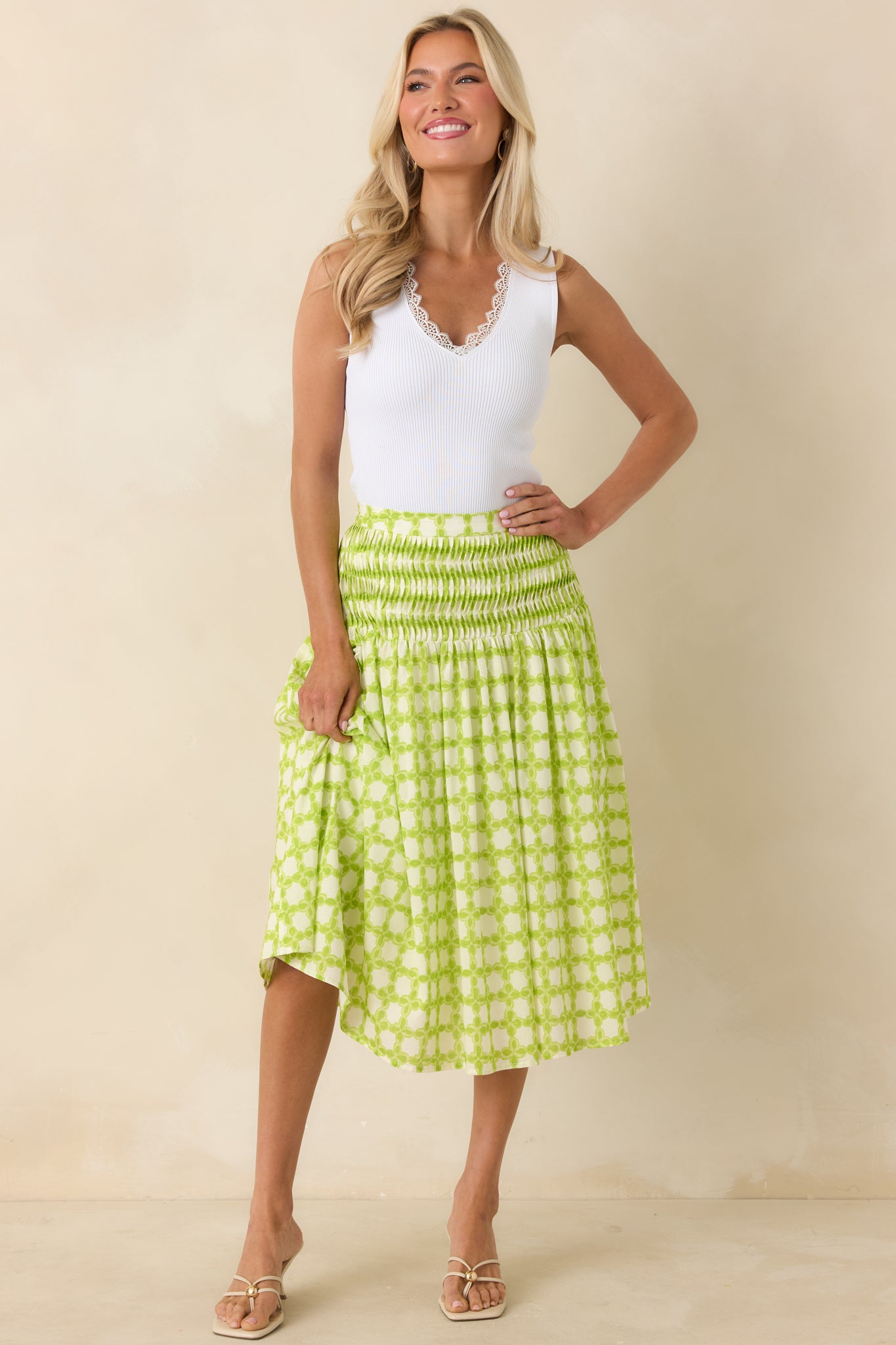 Breathable skirt with softly gathered waistband, bold geometric print, and easy, voluminous shape.