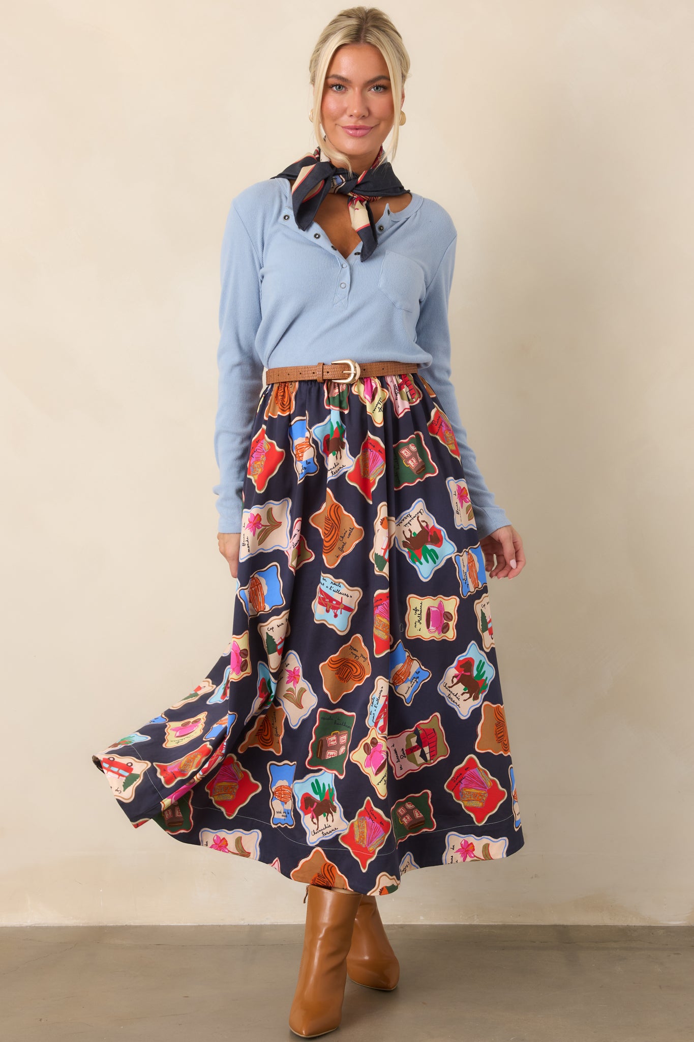 FRNCH Borth Midnight Blue Multi Stamp Maxi Skirt