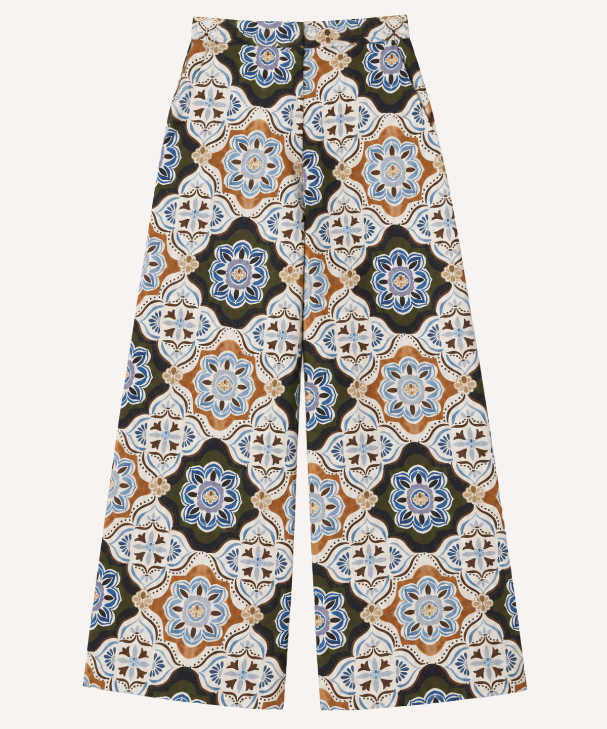 Wide-leg trousers featuring a detailed geometric and floral tile pattern in blue, orange, beige, and black.