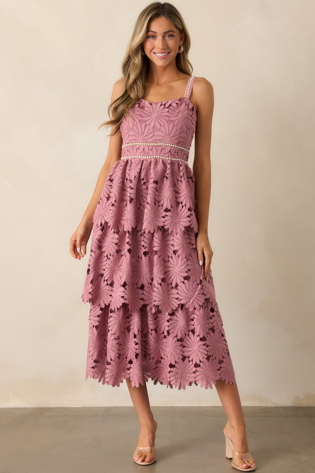 Dusty Pink Floral Embroidered Midi Dress - All Dresses