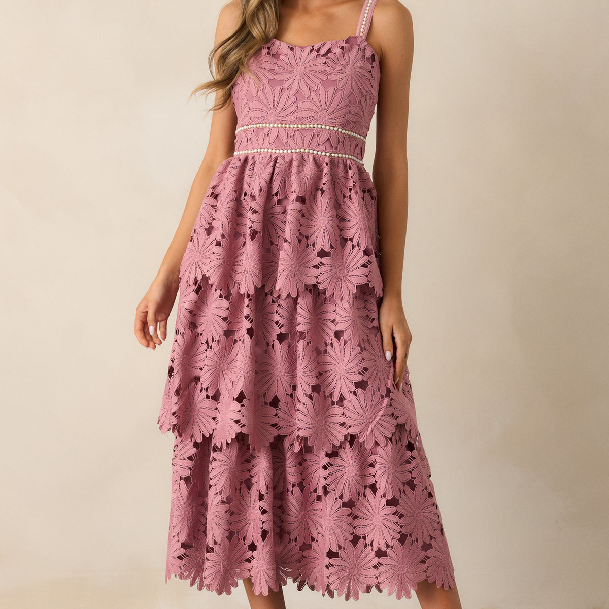 Dusty Pink Floral Embroidered Midi Dress - All Dresses | Red Dress