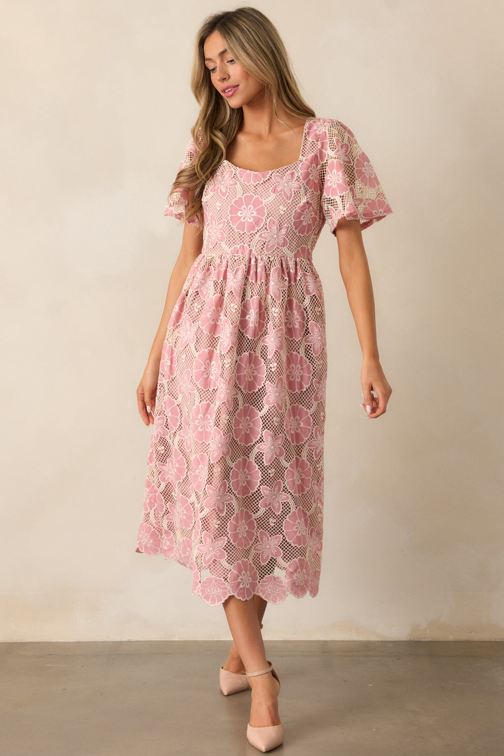 knee length dresses for ladies Pink Floral Jacquard Midi Dress - All Dresses