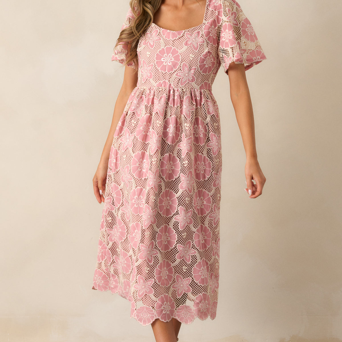 ワンピース Lace Trimmed Floral Dress mauve pink M Lace Trimmed Floral Dress mauve pink M