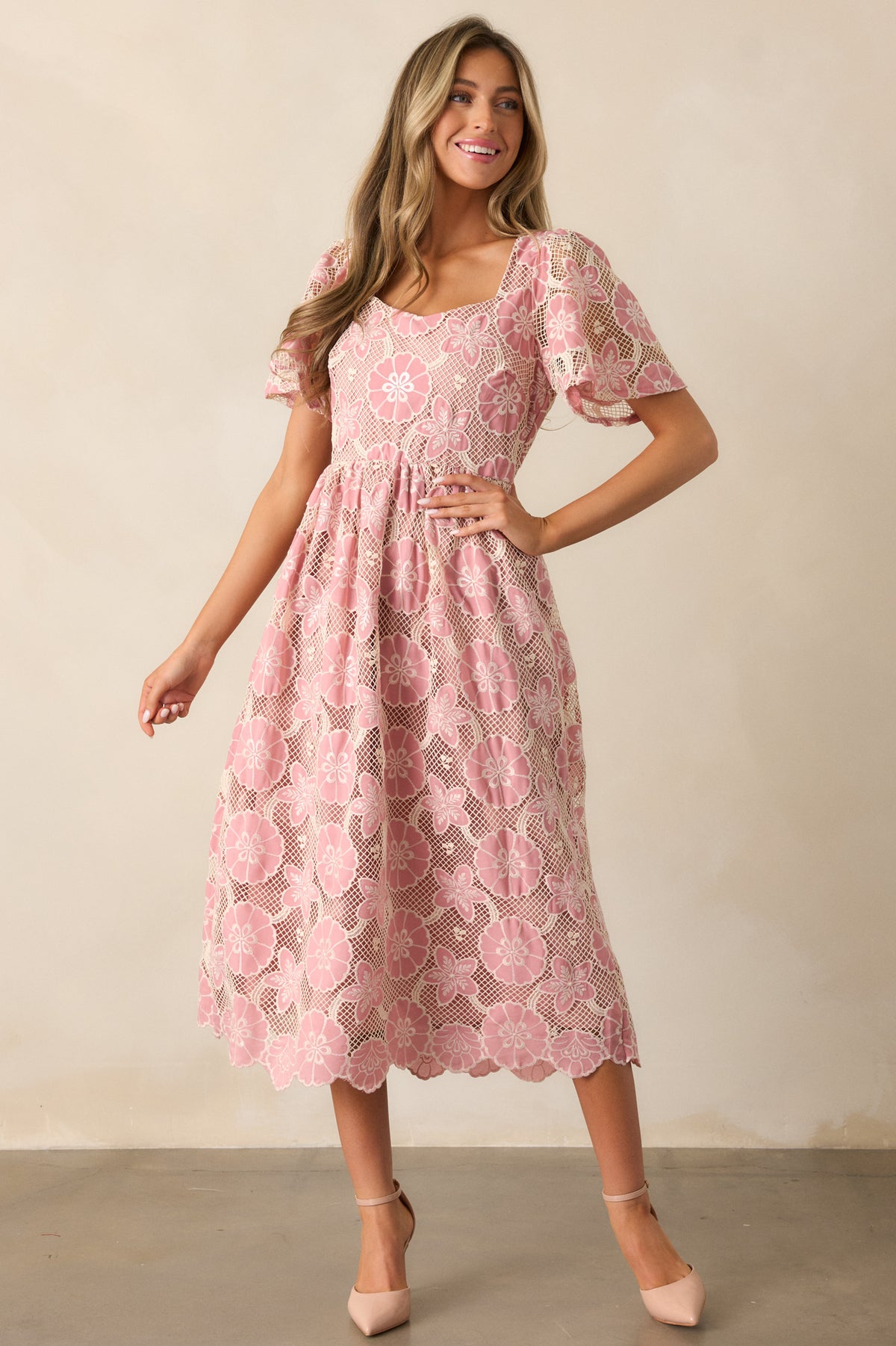 Pink Flower Embroidered Net Dress