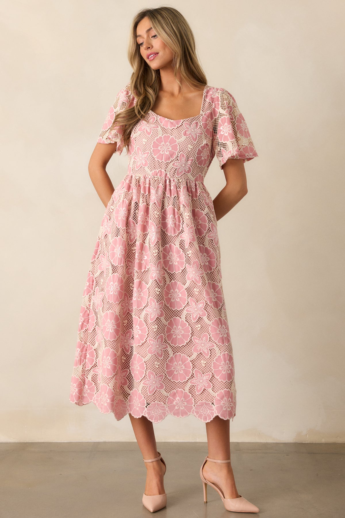 Pink Floral A-Line Midi Dress main image 1
