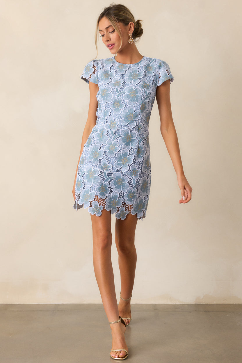 Sky Blue Floral Embroidered Mini Dress
