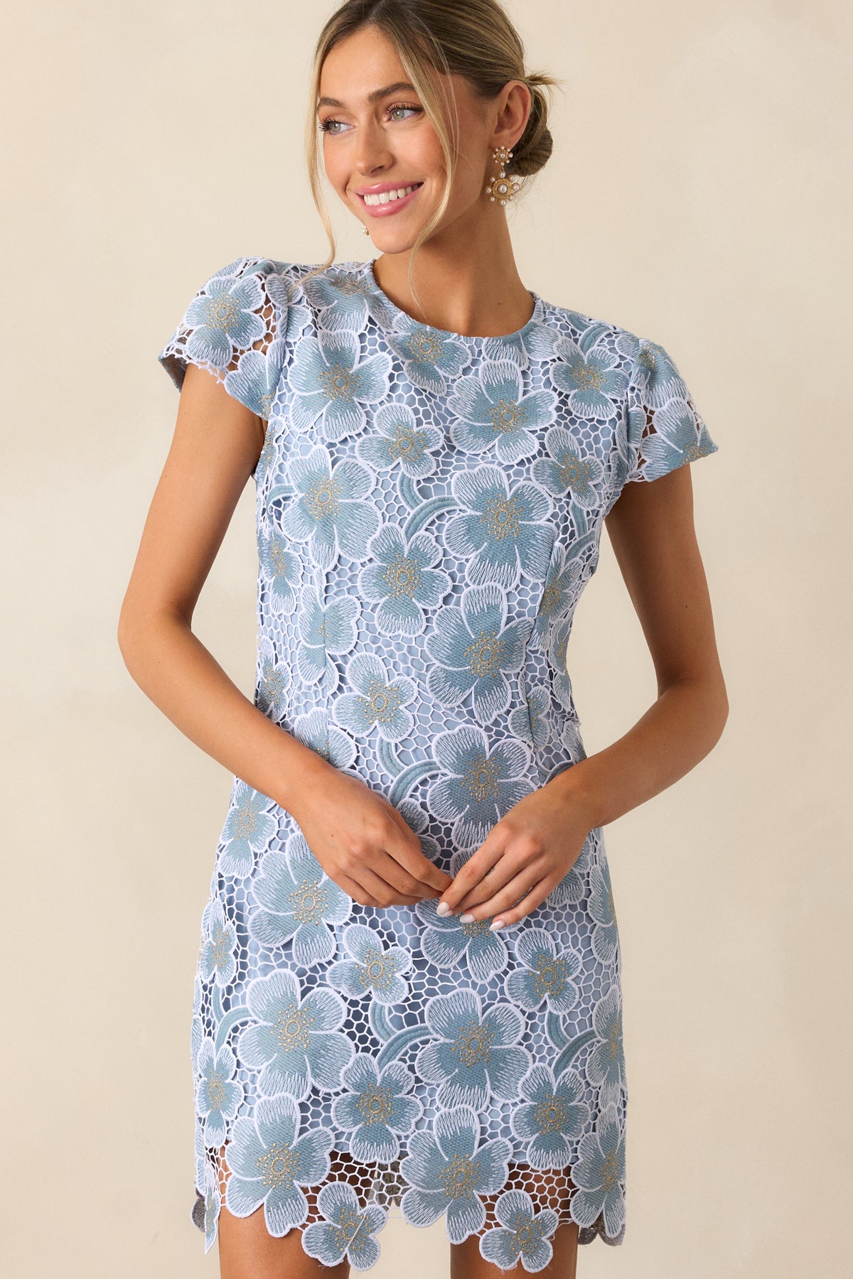 Sky Blue Floral Embroidered Mini Dress