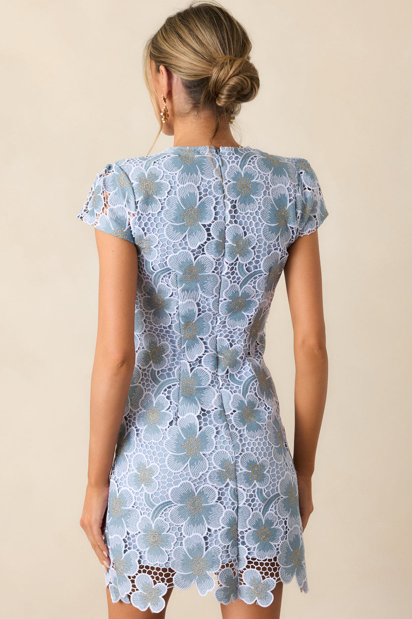 Flowers Appliqued Halter Mini Dress with Beaded Sky Blue