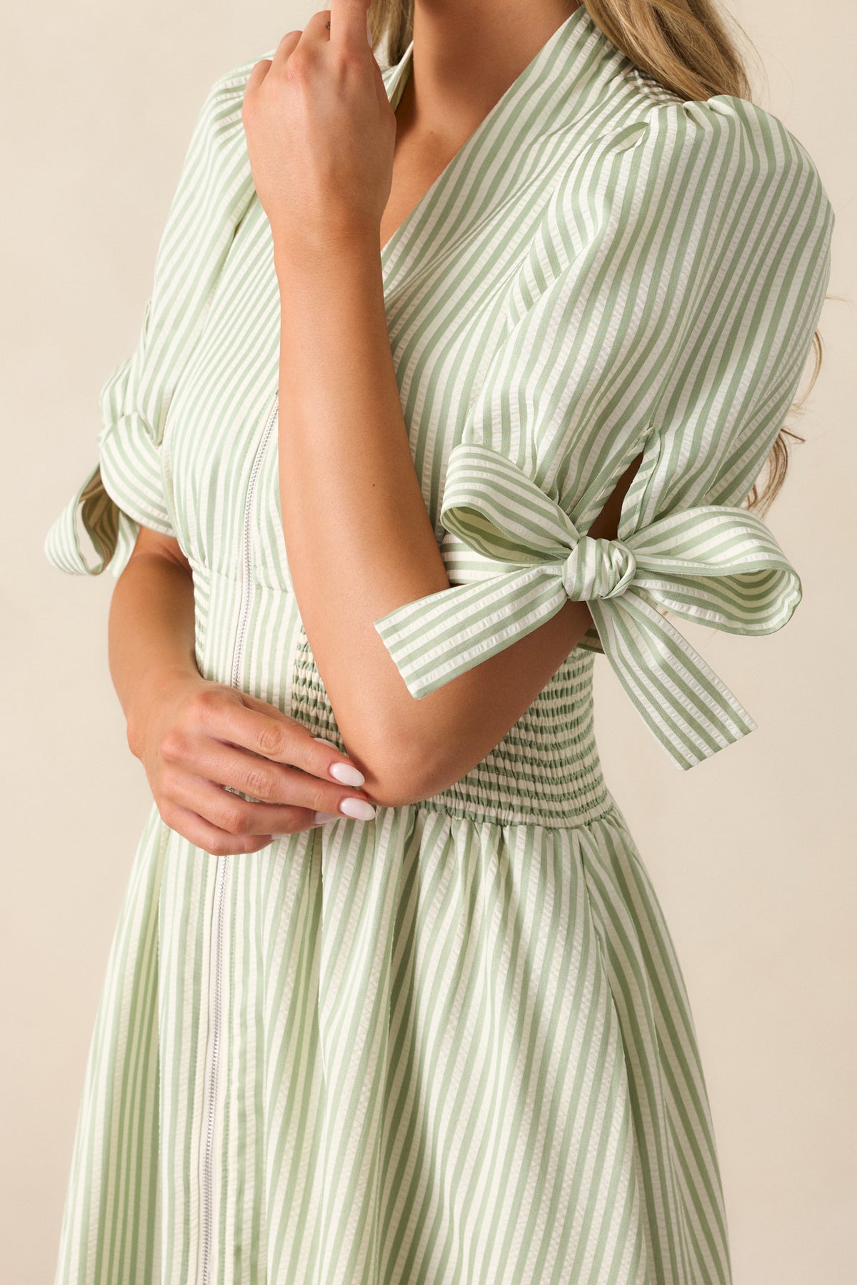 Green Striped V Neck Zip Front Cinched High Waist Midi Dress main image 0