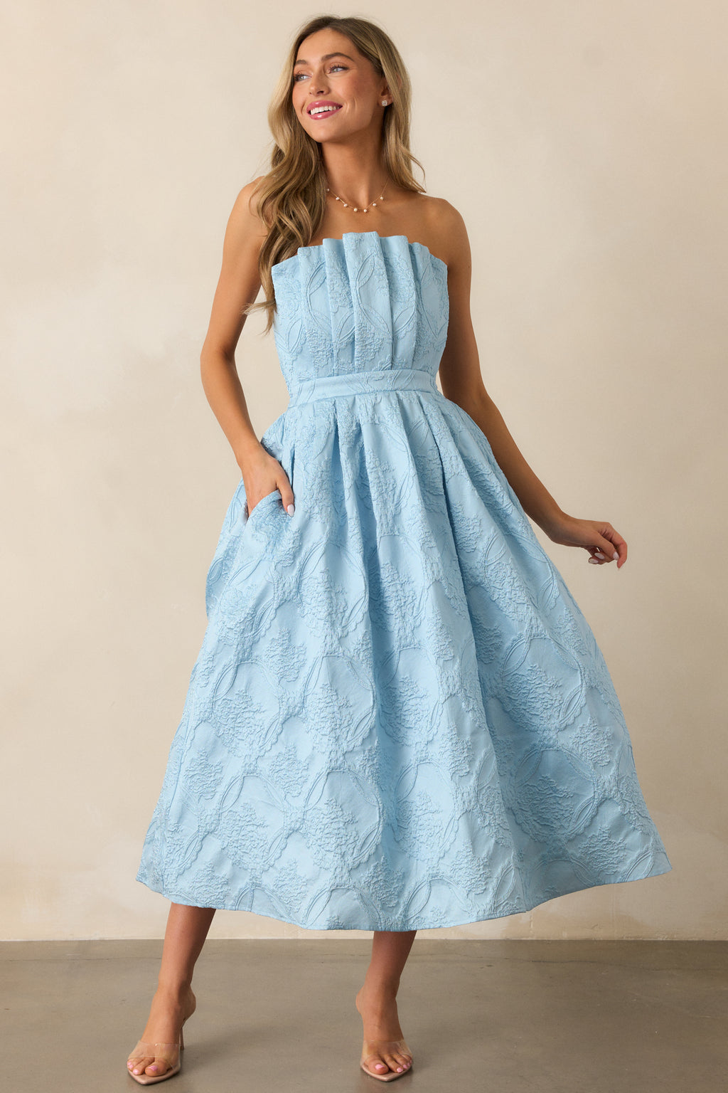 The Genevieve Sky Blue Floral Jacquard Midi Dress - All Dresses