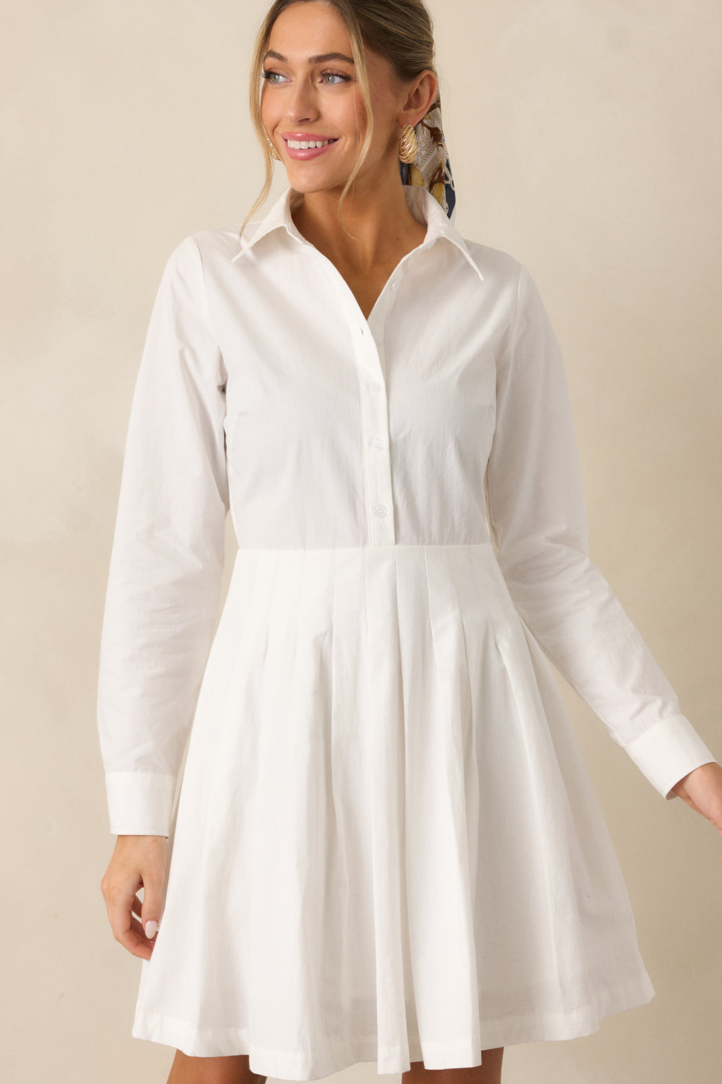 white dress long sleeve 100% Cotton White Long Sleeve Mini Shirt Dress - All Dress
