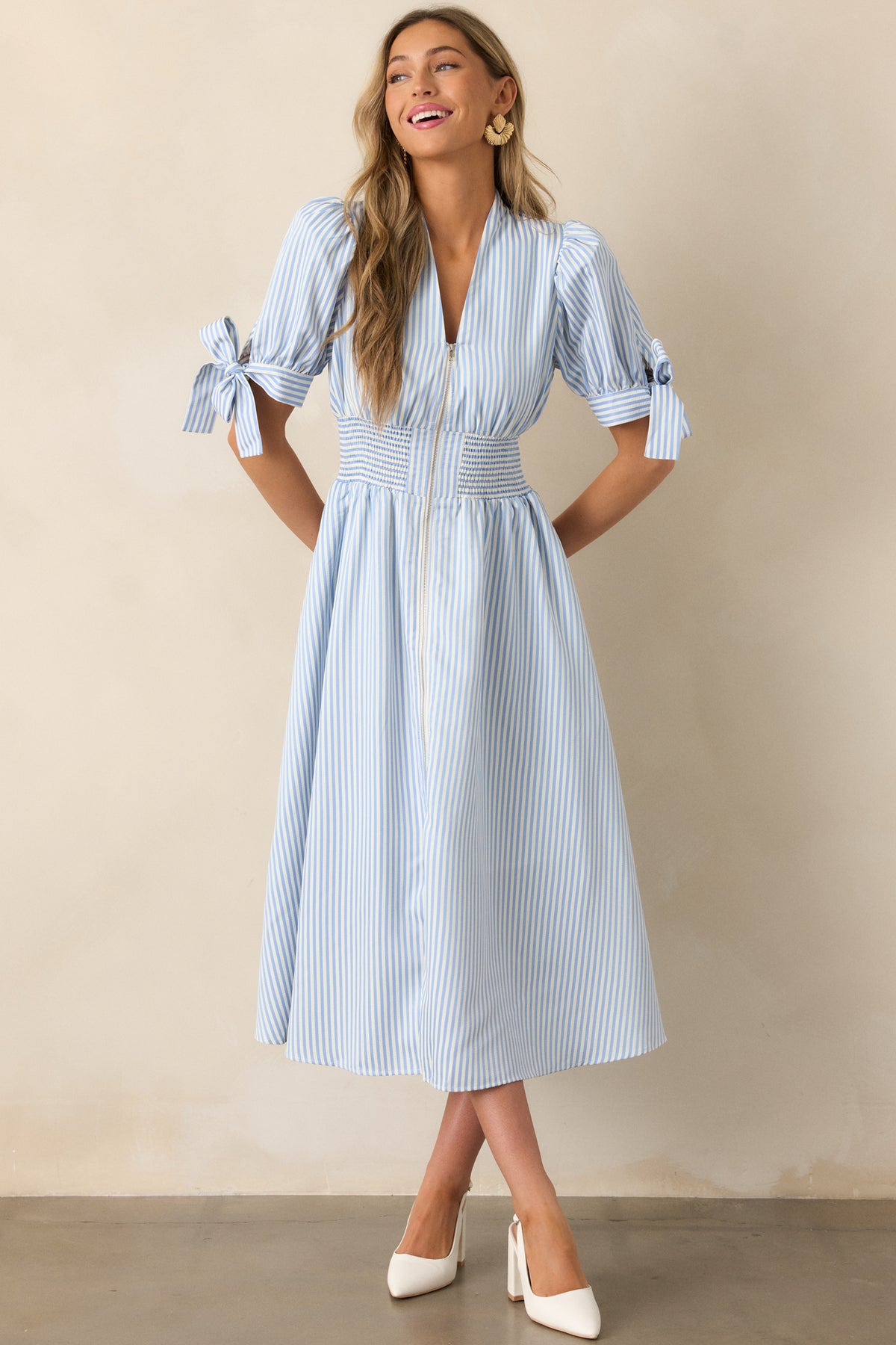 Midi Blue Dress with Invisible Front Zipper