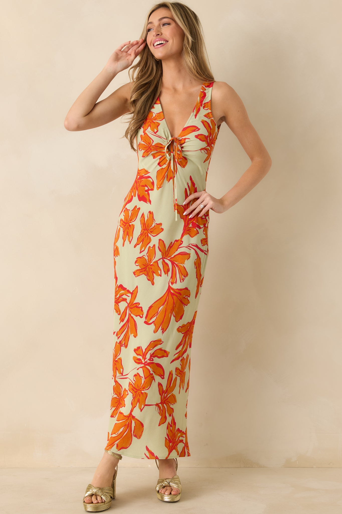 Front-facing floral maxi dress displaying its lightweight flow and vivid print.
