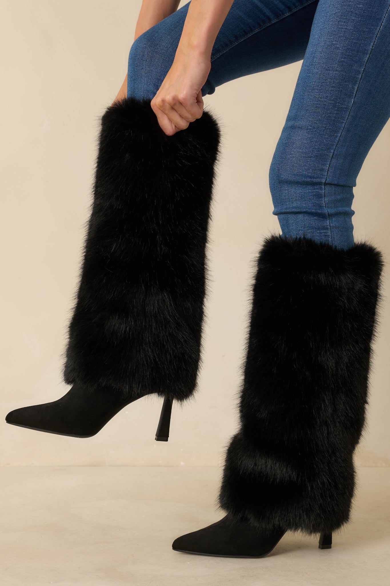 Fine Point Black Faux Fur and Suede Pointed Toe Stiletto Boots
