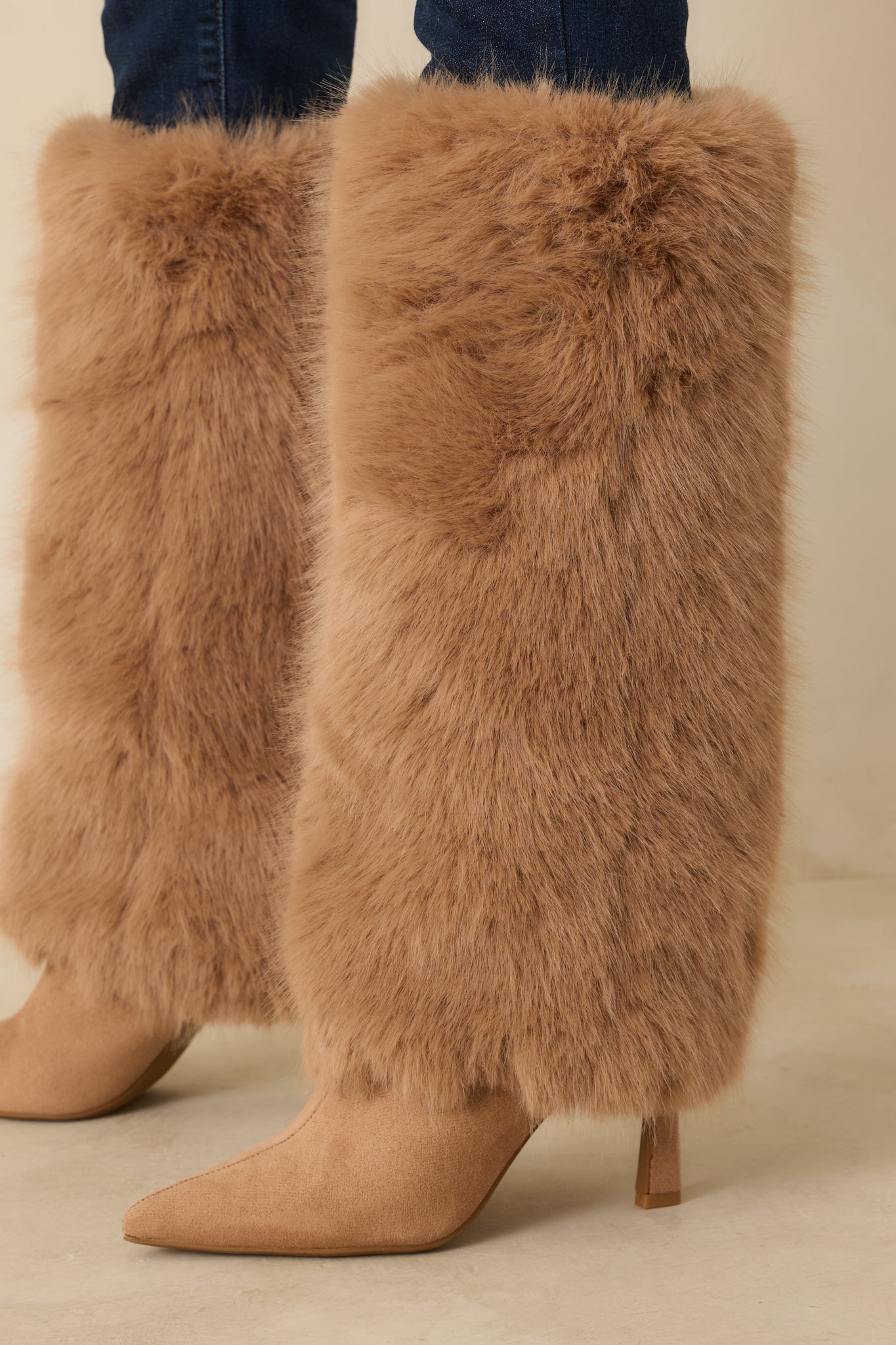 Fine Point Tan Faux Fur and Suede Pointed Toe Stiletto Boots
